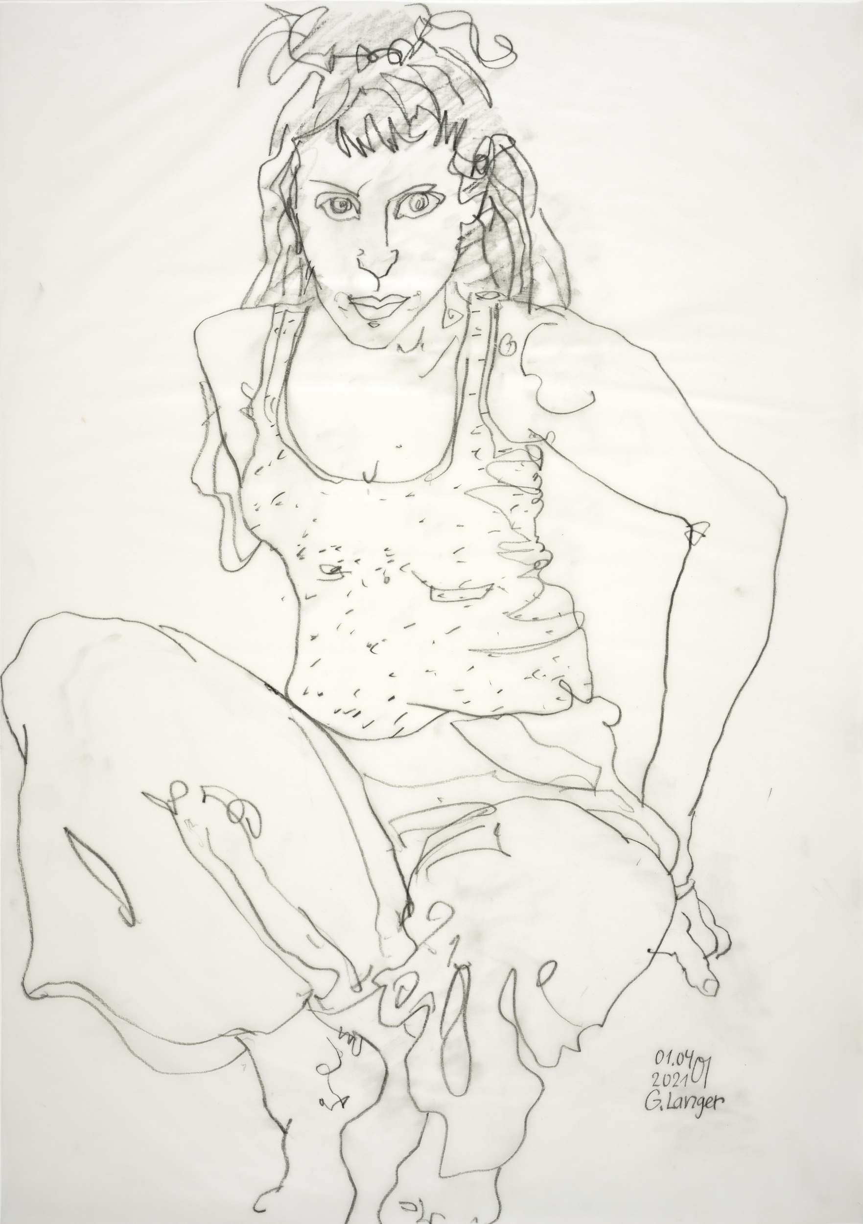 Gunter Langer, Blick ins Feuer, 2021, Zeichnung, Transparentes Papier, 75 x 53 cm